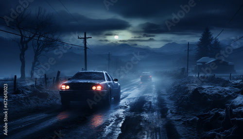 Car speeds through dark night, foggy landscape, on wet asphalt generated by AI