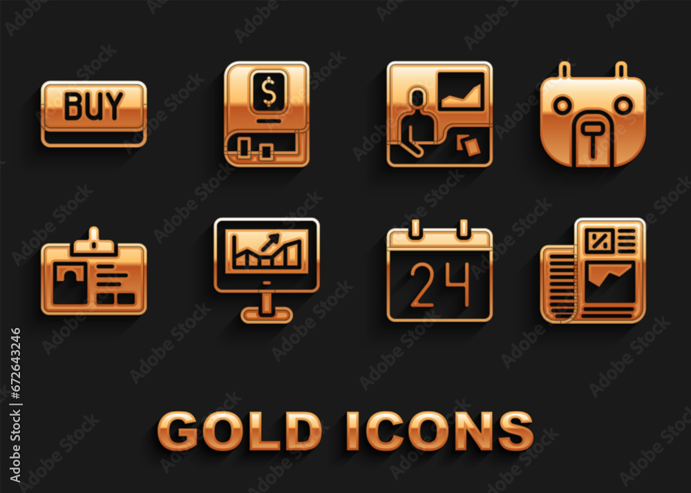 Set Computer with growth graph, Bear market, Business finance report, Calendar, Identification badge, Trading courses, Buy button and Financial book icon. Vector Set Computer with growth graph, Bear market, Business finance report, Calendar, Identification badge, Trading courses, Buy button and Financial book icon. Vector