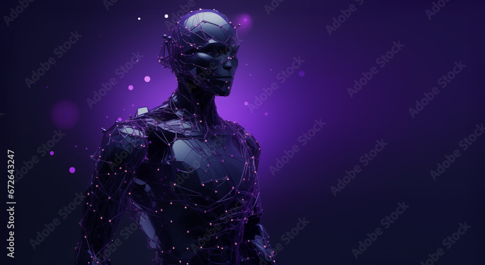 A robotic body, Head is in the background with links and circles, in the style of futuristic robots, light violet and dark navy, focus on materials, metallic surfaces
