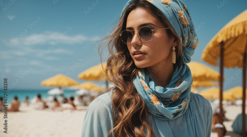 Photo of cool pretty lady relax summer vacation trip wear head scarf protect from summer over blue background. - obrazy, fototapety, plakaty 