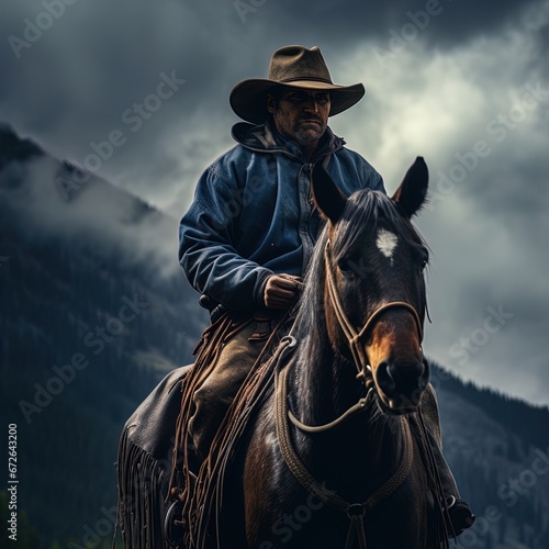 A tough cowboy on his horse in the countryside surrounded by mountains. Overcast day. Great for stories of adventure, countryside, the Wild West, wilderness, ranchers and more. © Virtual Actors