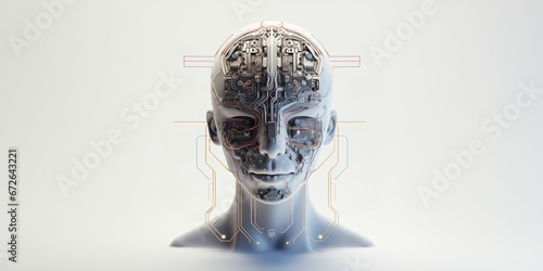 A robotic body, Head is in the background with links and circles, in the style of futuristic robots, light colors, focus on materials, metallic surfaces