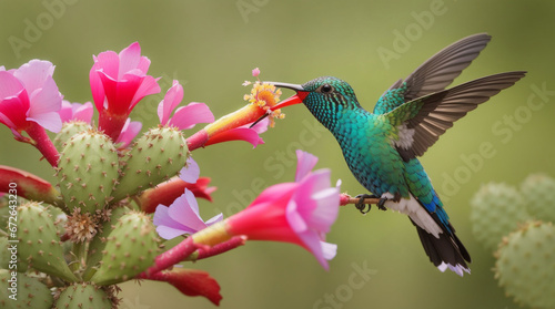 Panoramic Composition of Adult Male Broad Billed Hummingbird Feeding at Cactus Flower