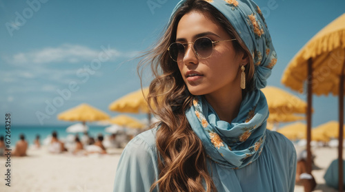 Photo of cool pretty lady relax summer vacation trip wear head scarf protect from summer over blue background. photo