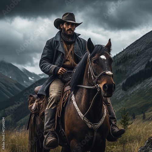 A tough cowboy on his horse in the countryside surrounded by mountains. Overcast day. Great for stories of adventure, countryside, the Wild West, wilderness, ranchers and more.