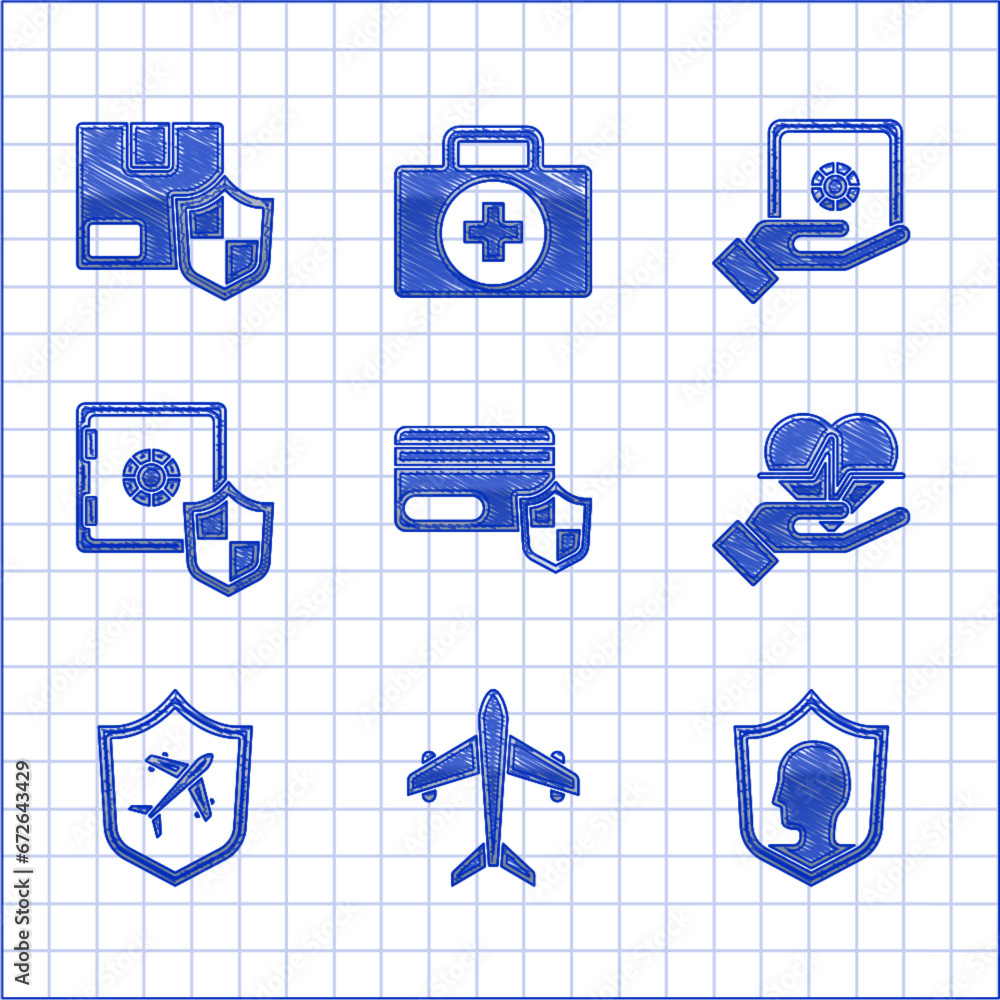 Set Credit card with shield, Plane, Life insurance, hand, Safe, and Delivery security icon. Vector