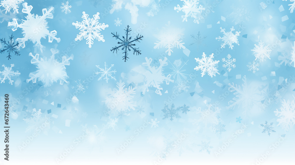 Błękitne zimowe świąteczne tło na baner, tapetę. Płatki śniegu, śnieżynki.  - obrazy, fototapety, plakaty 