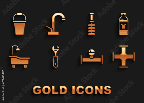 Set Wrench spanner, Bottle for cleaning agent, Industry metallic pipe, and manometer, Bathtub, Toilet brush, Bucket and Water tap icon. Vector