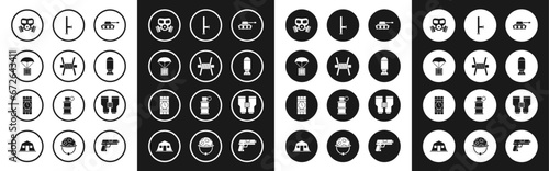 Set Military tank, Barbed wire, Airdrop box, Gas mask, Aviation bomb, Police rubber baton, Binoculars and Dynamite and timer clock icon. Vector