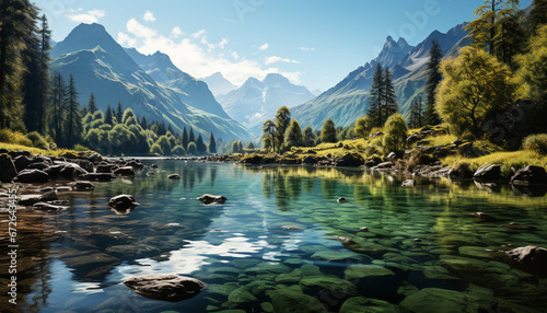 Tranquil scene Majestic mountain peak reflects in serene forest pond generated by AI