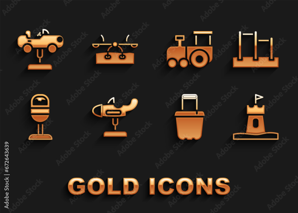 Set Swing plane, Horizontal bar, Sand tower, bucket, Trash can, Toy train, car and Seesaw icon. Vector Set Swing plane, Horizontal bar, Sand tower, bucket, Trash can, Toy train, car and Seesaw icon. Vector