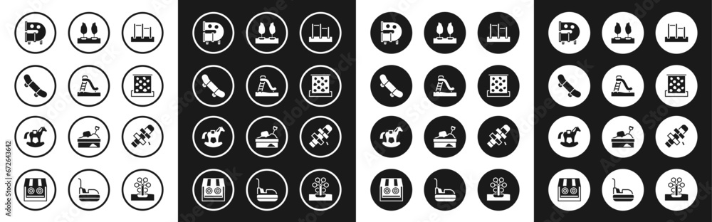 Set Horizontal bar, Kid slide, Skateboard trick, playground pipe, Climbing wall, Forest, Hopscotch and Horse saddle swing icon. Vector Set Horizontal bar, Kid slide, Skateboard trick, playground pipe, Climbing wall, Forest, Hopscotch and Horse saddle swing icon. Vector