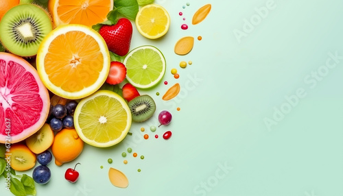 Landing page for natural vitamins and ripe fruits on pastel green background. © AB-lifepct