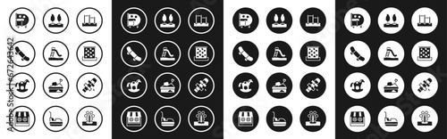Set Horizontal bar, Kid slide, Skateboard trick, playground pipe, Climbing wall, Forest, Hopscotch and Horse saddle swing icon. Vector