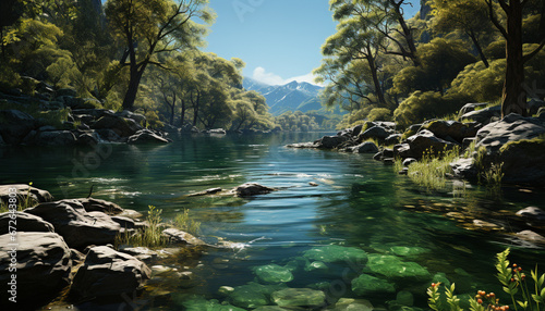 Tranquil scene nature beauty reflected in a flowing mountain stream generated by AI