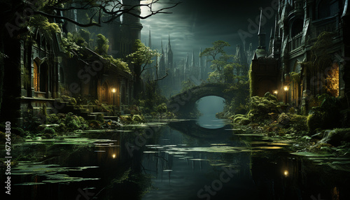 Spooky night  dark forest  foggy landscape  old ruin  eerie reflection generated by AI