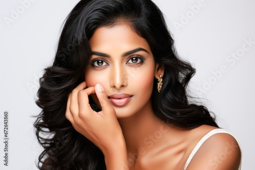 A beautiful young indian woman in a white top and gold jewelry.