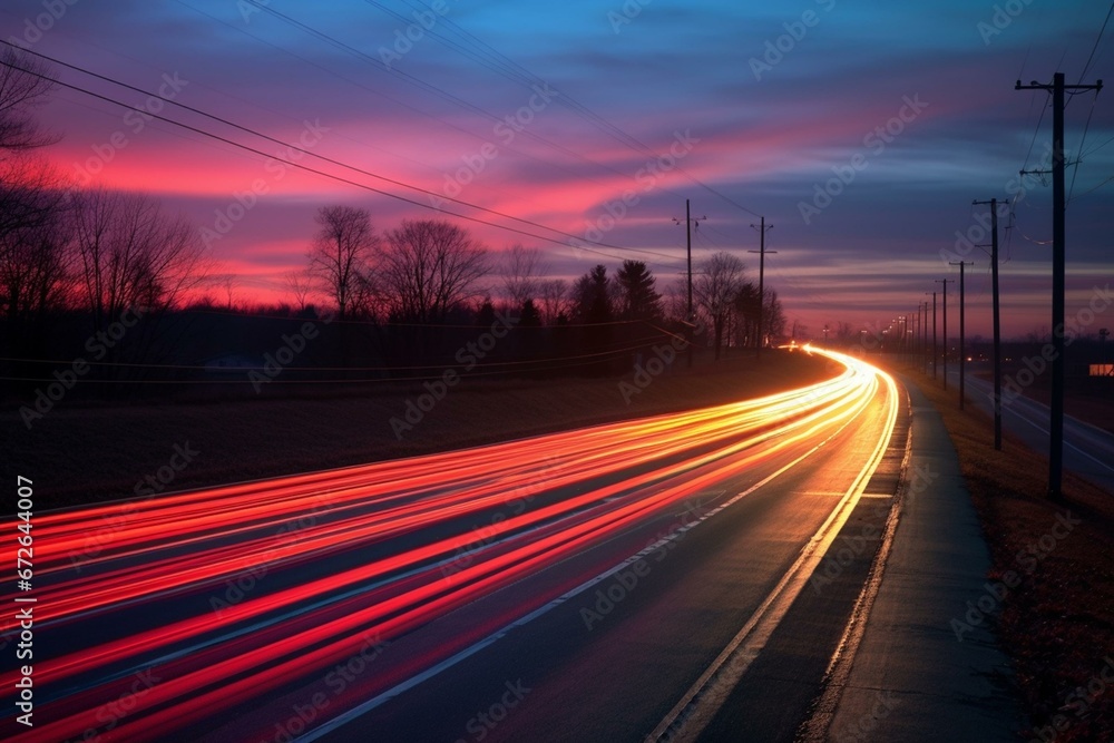 Illuminated streaks along road during dusk. Generative AI