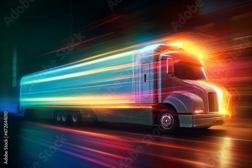 Fast-moving truck with artistic light trails. Generative AI