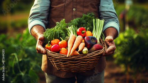 Farmer holding basket full of harvest with organic vegetables and roots in the garden. Autumn holiday Thanksgiving concept.