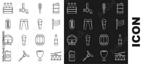Set line Musical instrument drum and drum sticks, National Germany flag, Cereals set with rice, wheat, corn, oats, rye, barley, Glass of beer, Hotdog sandwich mustard, Pack bottles and icon. Vector