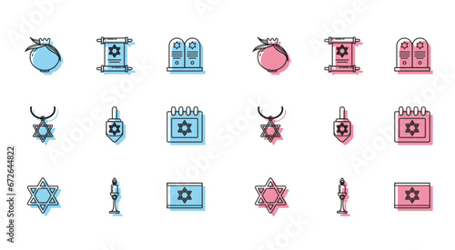 Set line Star of David, Burning candle in candlestick, Pomegranate, Flag Israel, Hanukkah dreidel, Jewish calendar with star david, necklace on chain and Torah scroll icon. Vector