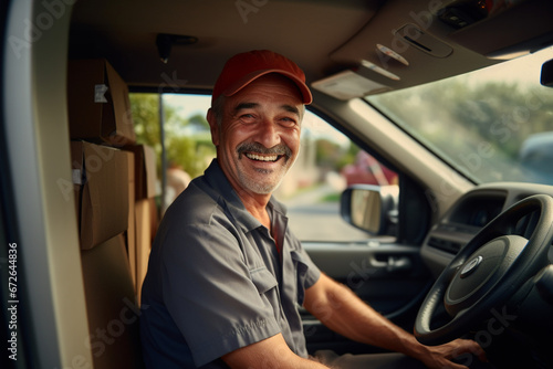 Portrait of Delivery man driving van with packages on the front seat, Happy mature courier in truck, Portrait of confident express courier driving his delivery van