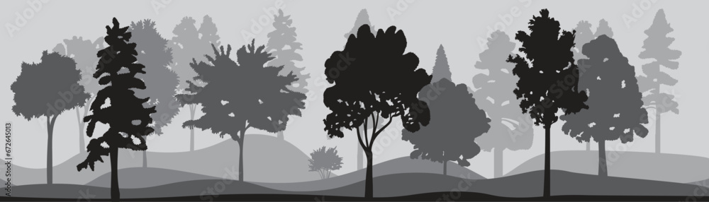Obraz premium Colorful Forest, park, alley. Landscape of isolated tropical trees in gray shades. Silhouette vector.