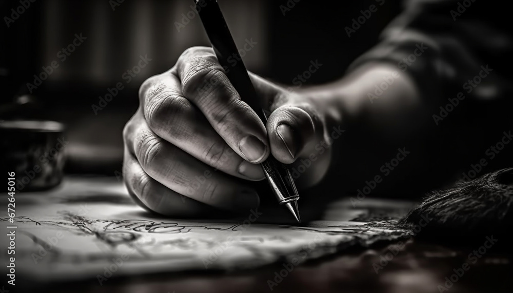 Creative adult artist sketches monochrome signature on old fashioned paper generated by AI Creative adult artist sketches monochrome signature on old fashioned paper generated by AI