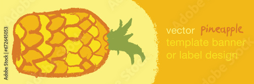 Template pineapple banner, sunny pineapples illustration, hand drawn vector exotic fruit for vegan banner, juice or jam label design. Natural ananas background for healthy food packaging.