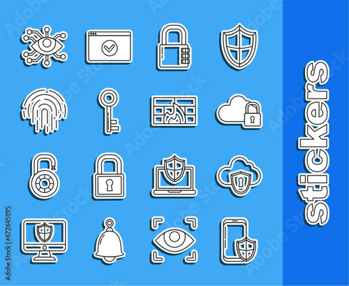 Set line Smartphone with security shield, Cloud and, computing lock, Safe combination, Key, Fingerprint, Eye scan and Firewall, wall icon. Vector