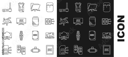 Set line Tablet with text 5k, Laptop, Remote control, Folder and lock, Monitor display video, Virtual reality, Router wi-fi signal and Voice assistant icon. Vector