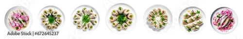 set of Delicious plates of pickled herrings isolated on transparent or White Background. Ffish rolls