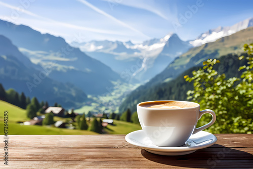 cup of coffee with Switzerland landscape in the background