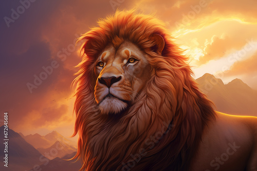 majestic lion in golden sunrise light over mountains