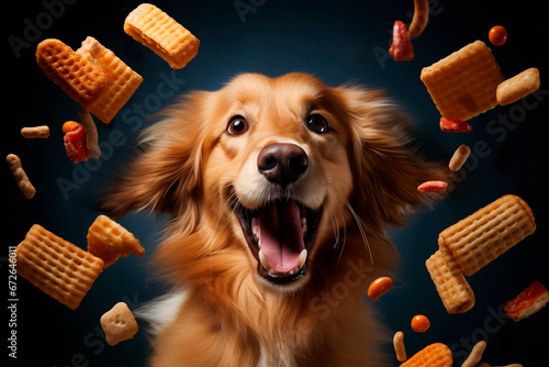 golden retriever with mouth open catching falling treats against a dark background photo