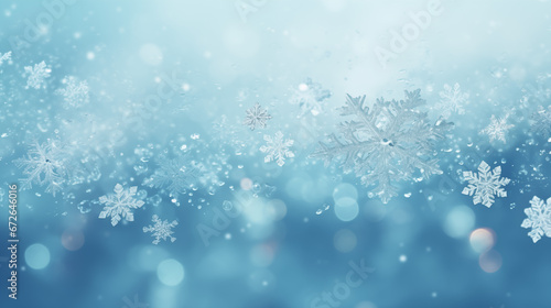 Fototapeta Błękitne zimowe świąteczne tło na baner, tapetę. Płatki śniegu, śnieżynki. 