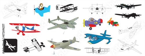 Cliparts of propeller planes miscellaneous aviation flying machines equipments aircrafts history etc - compendium vector illustrations editable best art design for multipurpose use in high definition 
