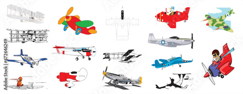 Cliparts of propeller planes miscellaneous aviation flying machines equipments aircrafts history etc - compendium vector illustrations editable best art design for multipurpose use in high definition 