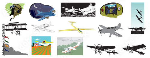 Cliparts of propeller planes miscellaneous aviation flying machines equipments aircrafts history etc - compendium vector illustrations editable best art design for multipurpose use in high definition 