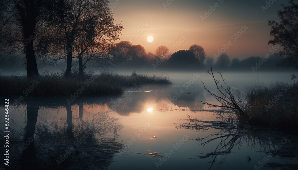 Silhouette of tree back lit by sunset over tranquil pond generated by AI Silhouette of tree back lit by sunset over tranquil pond generated by AI