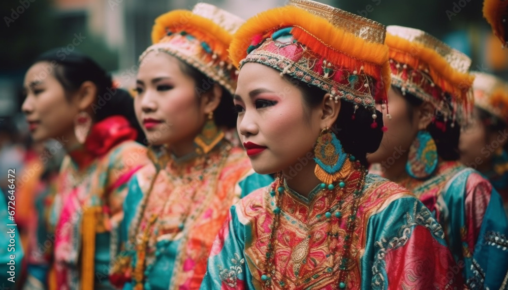 Fototapeta premium Colorful traditional festival celebrates indigenous cultures with dancing and elegance generated by AI