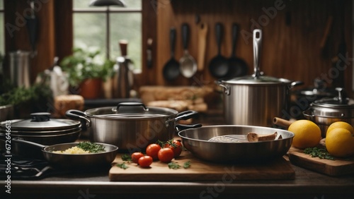 Close-up high-resolution image of modern kitchenware. Generative AI.