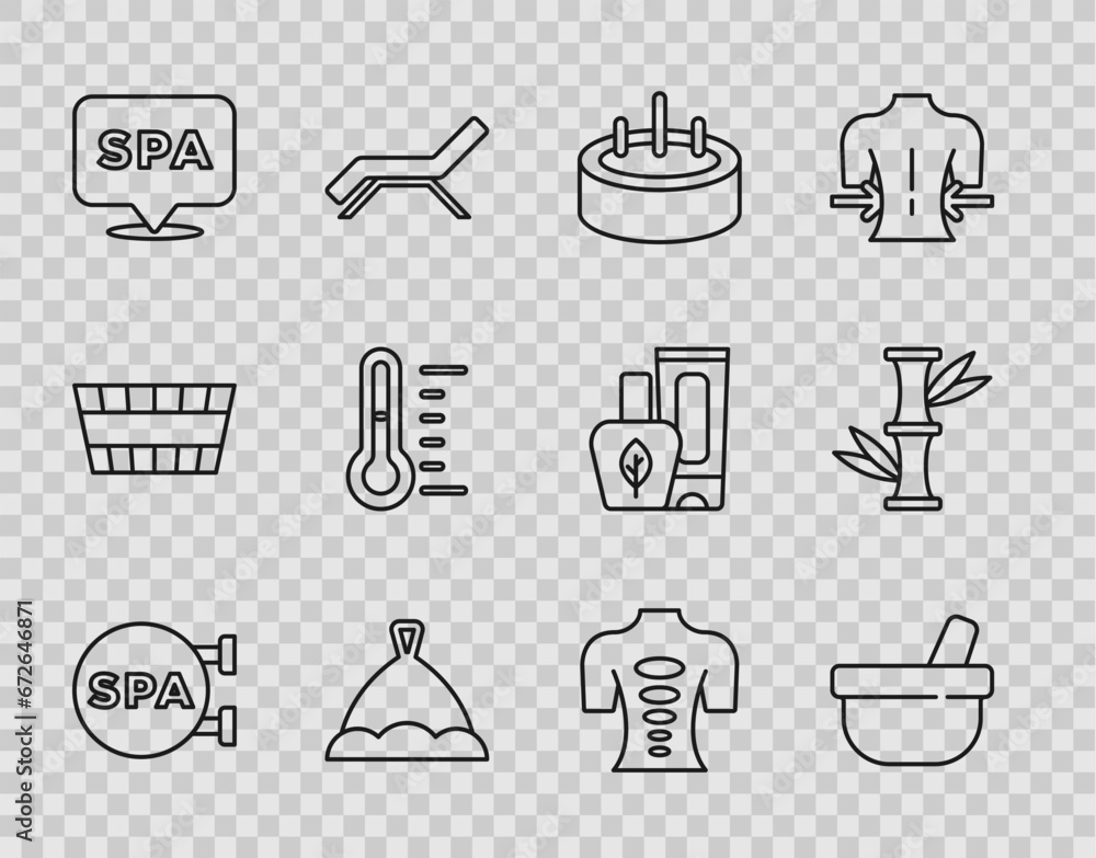 Fototapeta premium Set line Spa salon, Mortar and pestle, Swimming pool with ladder, Sauna hat, thermometer, Massage stone therapy and Bamboo icon. Vector