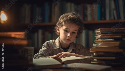 Smiling schoolboy sitting at desk, holding textbook, studying literature generated by AI