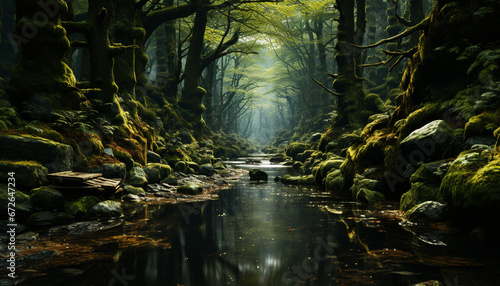 Tranquil scene  mysterious forest  wet leaves  reflecting beauty in nature generated by AI