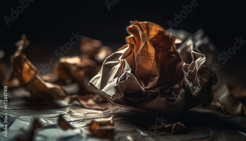 Crushed chocolate packet, a messy background of crumpled paper generated by AI