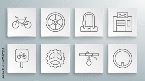 Set line Bicycle parking, wheel, sprocket crank, handlebar, lock, repair service and icon. Vector