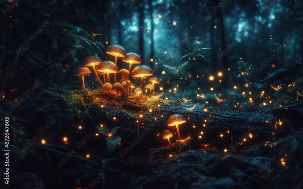 Glowing Mushrooms In A Fantasy Forest Mushroom Spores Floating In The