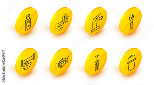 Set line Bucket, Toilet brush, Industry pipe and valve, Broken, Wrench spanner, Water tap, metallic and Bottle for cleaning agent icon. Vector